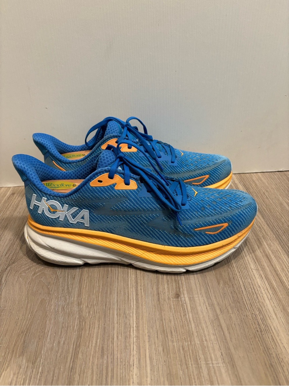 HOKA One Clifton 9 Men's Running Comfort Cushion Shoes Blue Orange Size 8.5 D